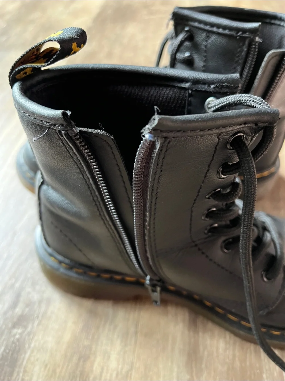 Dr. Martens Kids Black Lace-Up Ankle Boots with Yellow Pull Tab